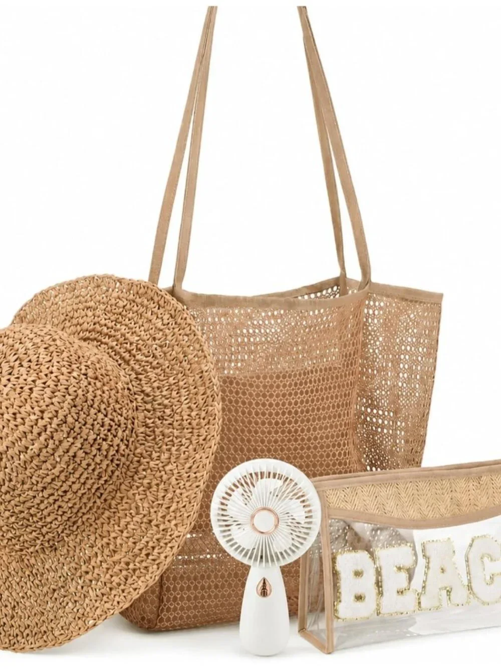 4 Pcs Beach Gifts Set for Women Beach Tote Bag, Sun Hats, Makeup Bags, Handheld